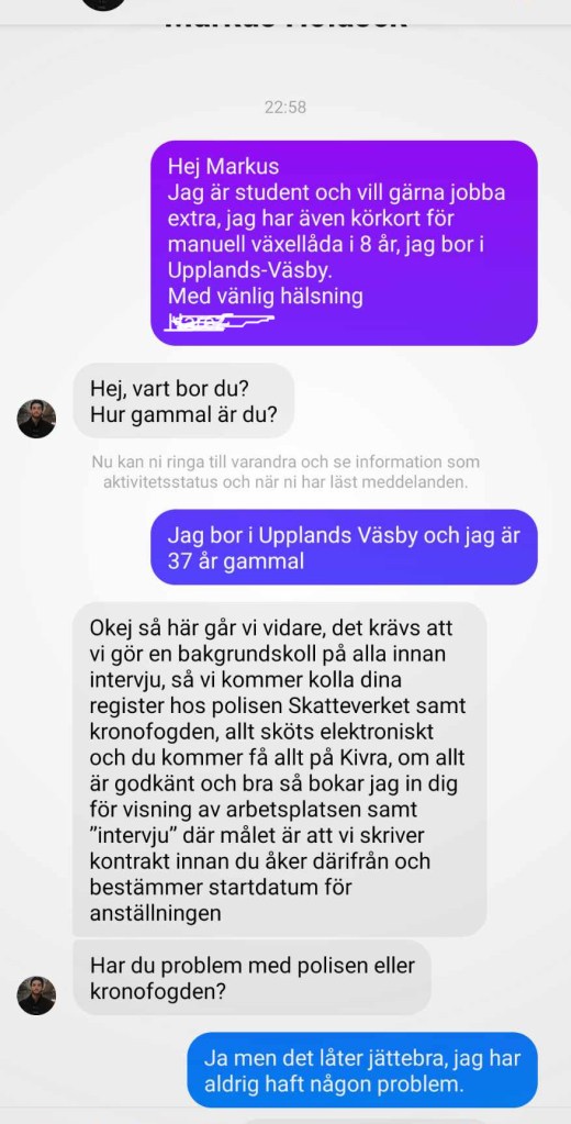 A picture of a chat where the participants chat in Swedish
