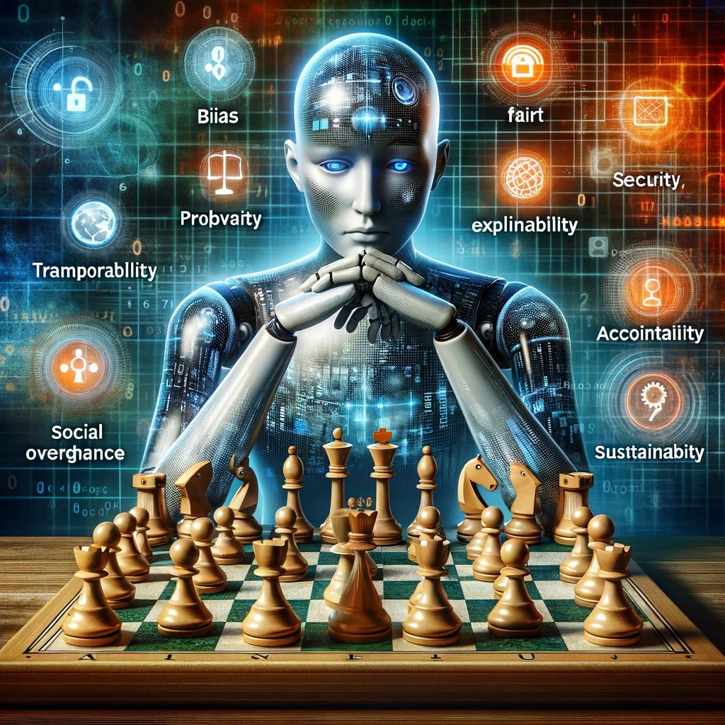 An image of a robot looking at a chessboard that represents various Ethic aspects